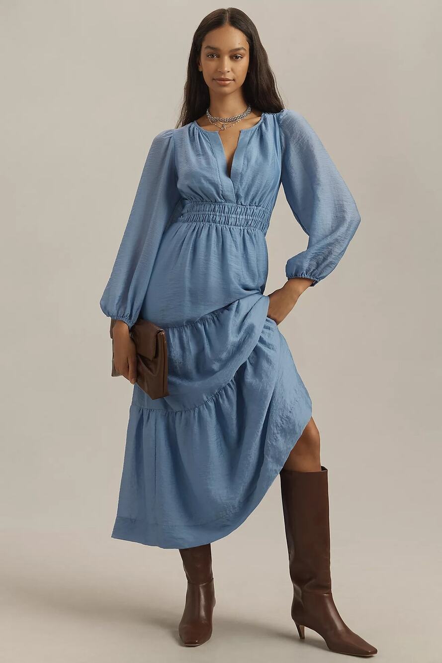 by Anthropologie The Somerset Maxi Dress Blue NWT Popover Long Sleeve Women's XS